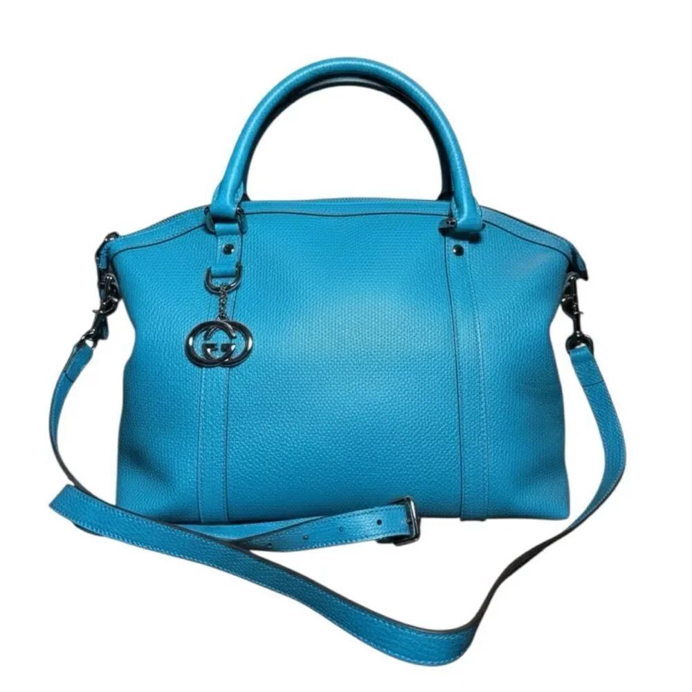 Gucci Turquoise Blue Leather 2way Convertible Interlocking GG Dome Bowler Bag Ex